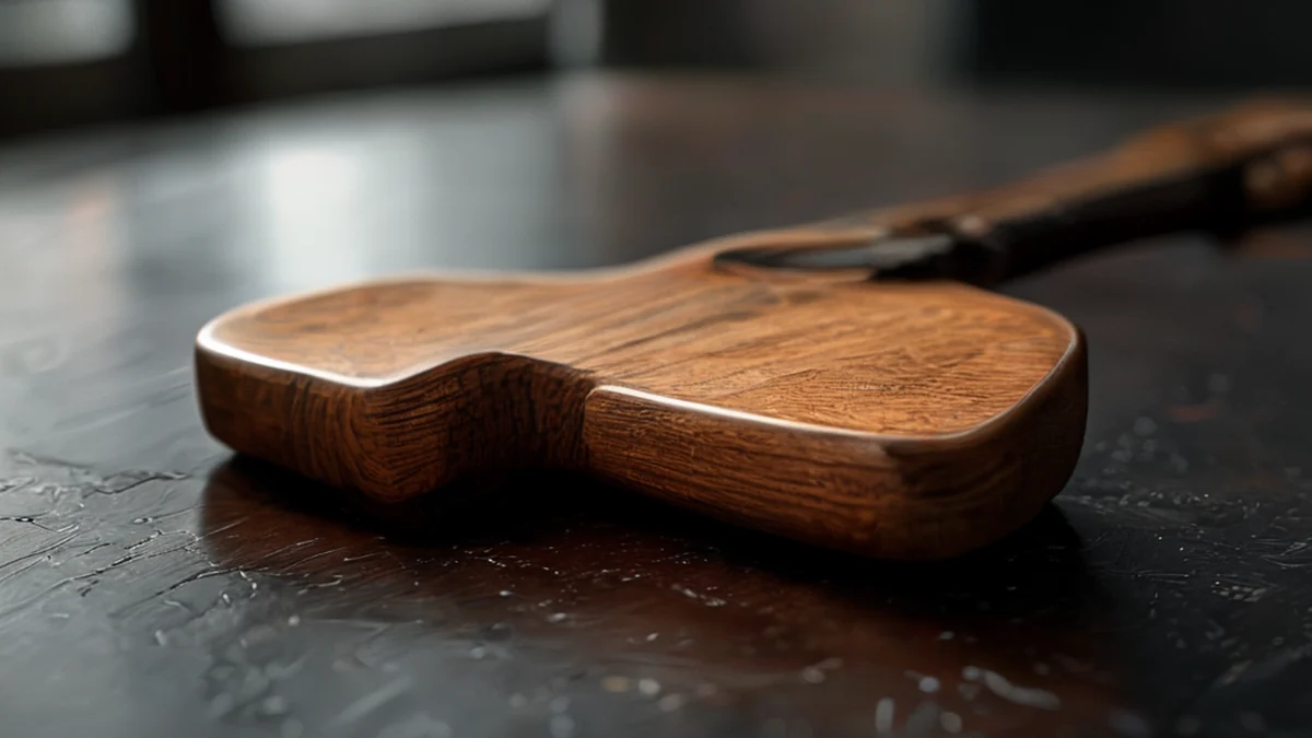 Holzgitarre Pegbox, texturierte Oberfläche, dunkles Tablett, bewölkter Taglicht, flache Schärfe, photo-realistische Details