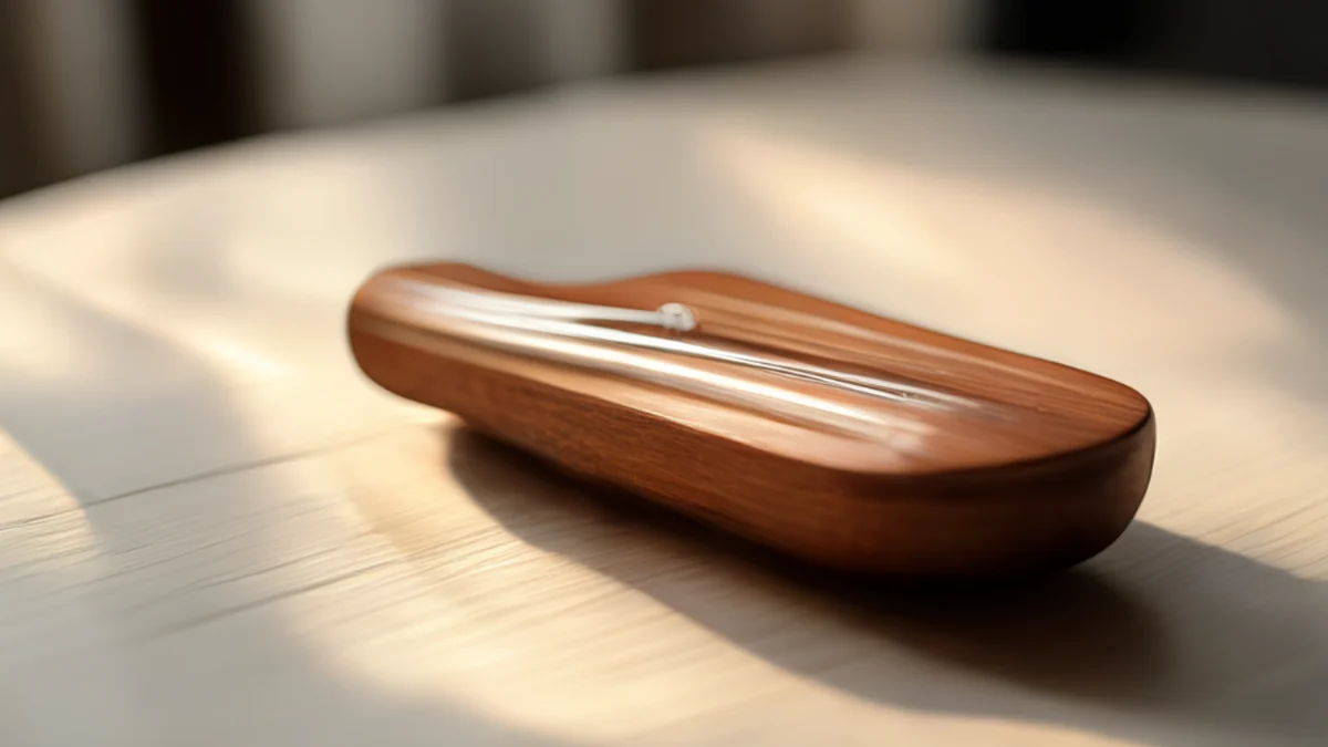 Aiguille de réglage en bois avec une corde à guitare, bois brun, corde argentée, sur une table blanche, lumière chaude, champ de profondeur faible, détails élevés