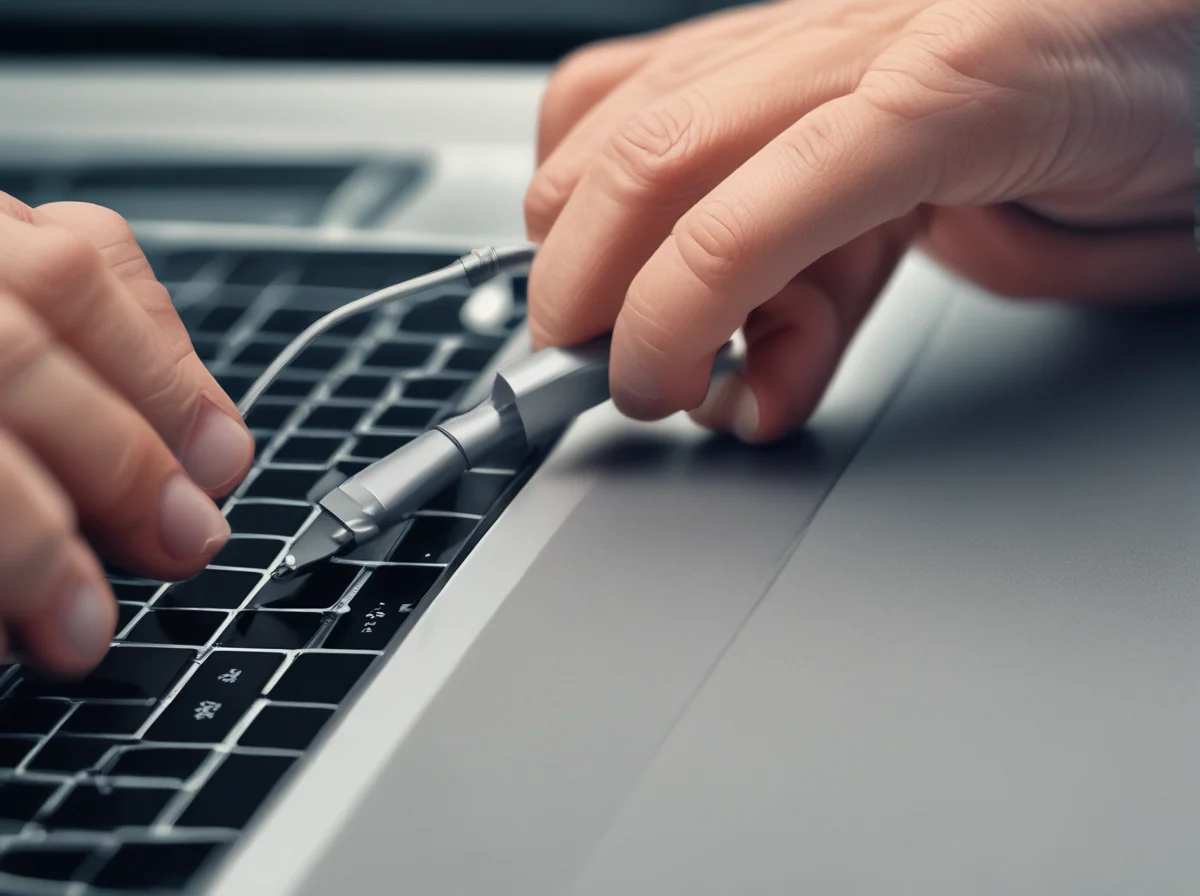 Foto di ingrandimento di una mano che inserisce un cavo USB-C argento nel portatile in alluminio grigio.