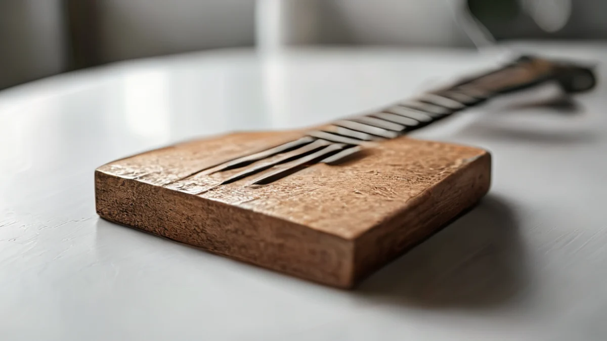 een enkel fret van een gitaar, metaal, vierkant, textuur, op een witte tafel, onder een schoon studio-softbox, zacht focus, fotorealistisch, scherp focus, hoge details