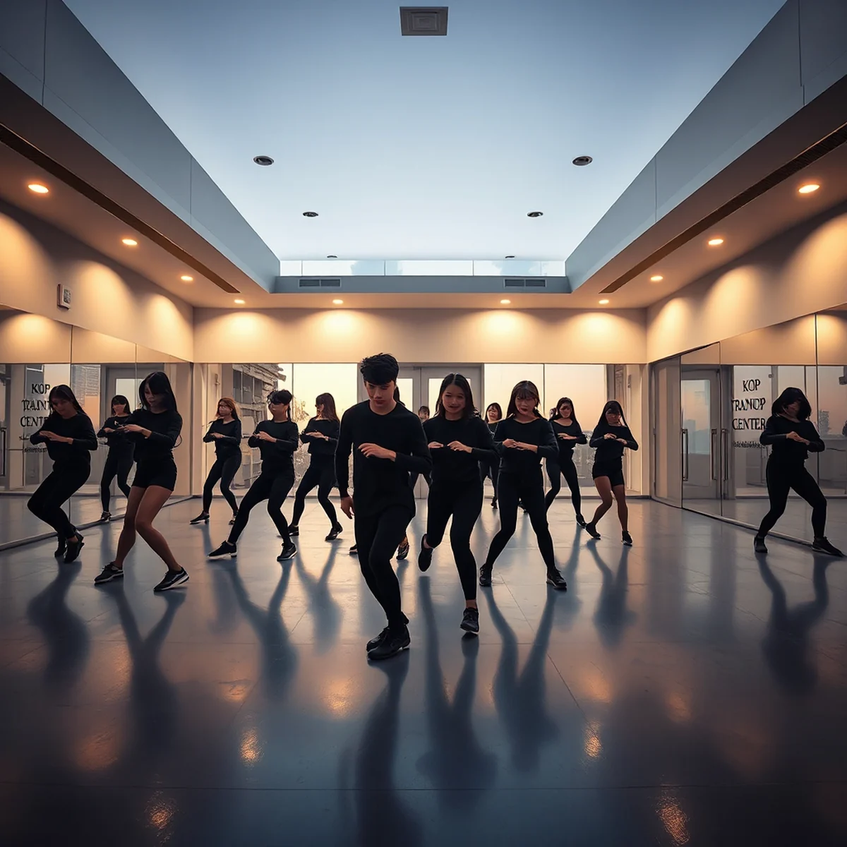Wide shot of a modern K-pop practice room, trainees dancing in intricate synchronization with the music.