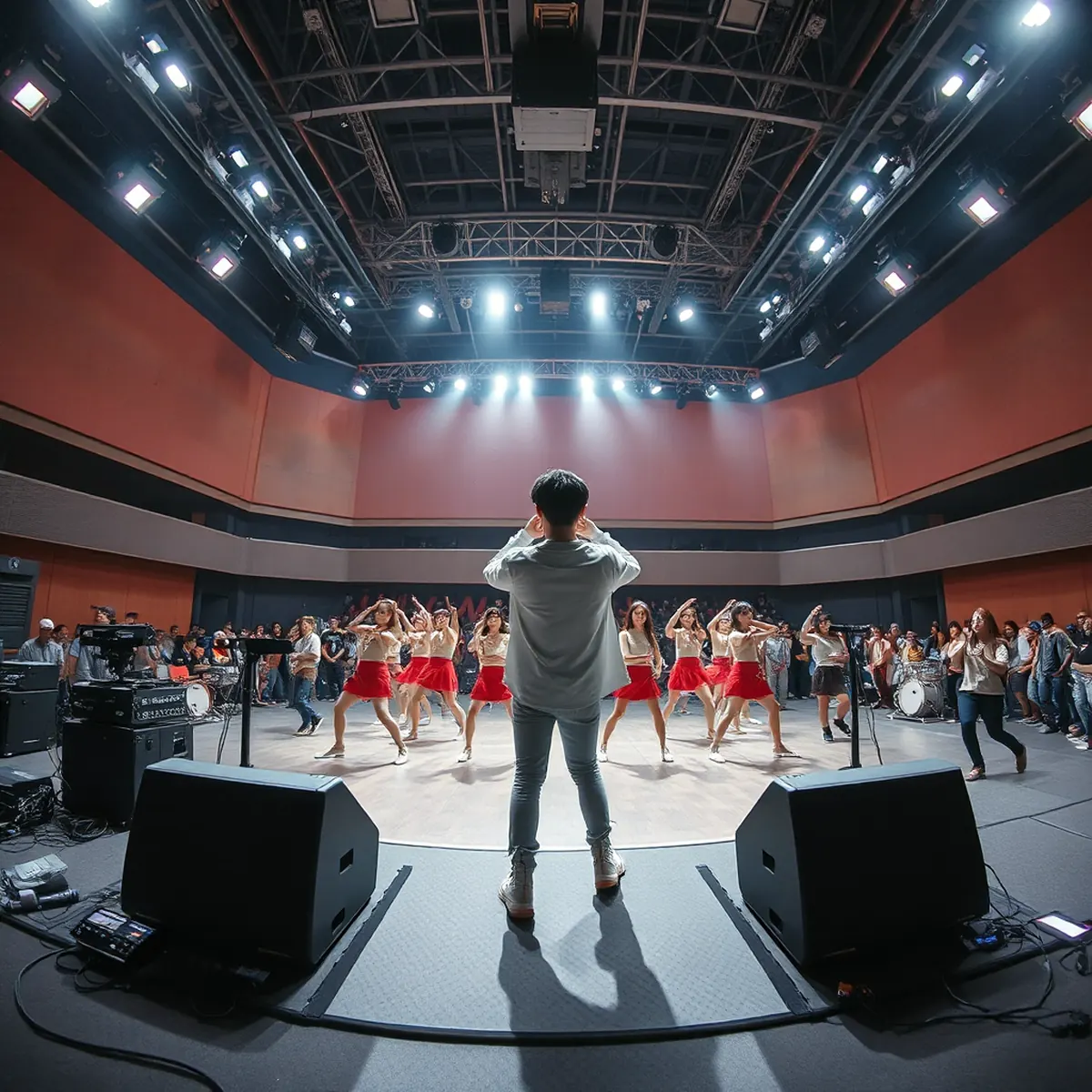 Wide shot of a K-pop trainee delivering intricate dance moves and vocal performance on a studio stage