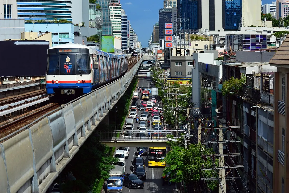 transportation, downtown, bangkok, traffic, metro, sky tram, bts, thailand, cars, road, above, ground, city center, center, city, urban, urban scene, scene, tow