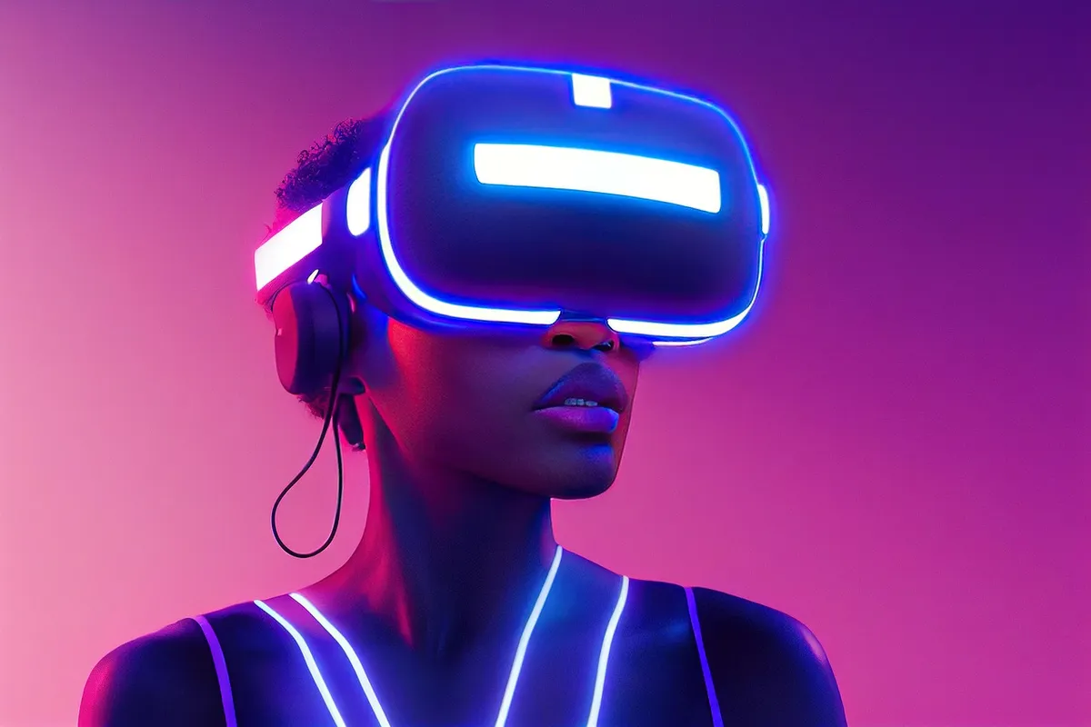 XR、MR、ミックスリアリティ、バーチャルリアリティ、アジェンダーリアリティ、アフリカンアメリカン、女性、女性、メタバース、Lady、Girl、Black、America、ピンク、紫、ブルー、ネオン、ライト