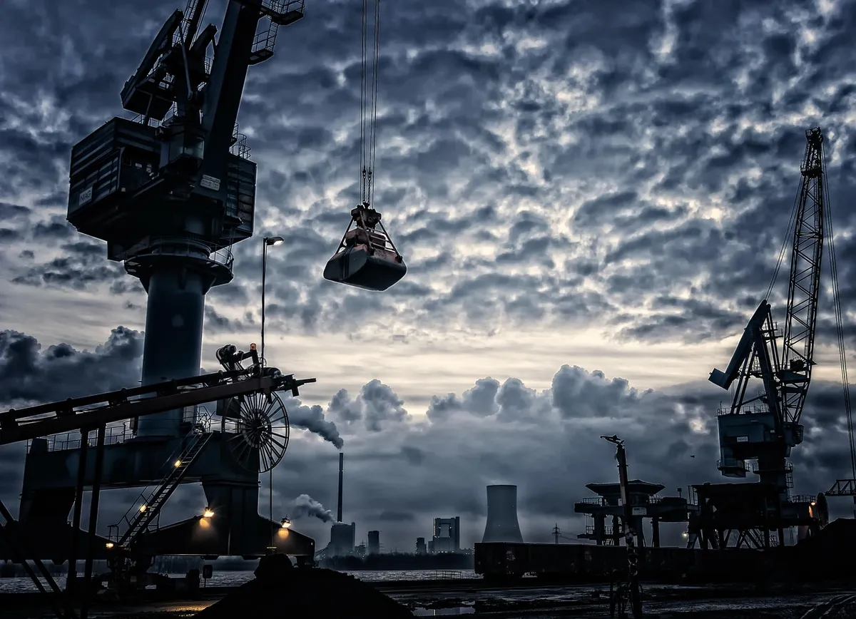 crane, port, shipping industry, harbor, pier, clouds, industrial plant, unloading, gripper, tower crane, twilight, nature, dusk