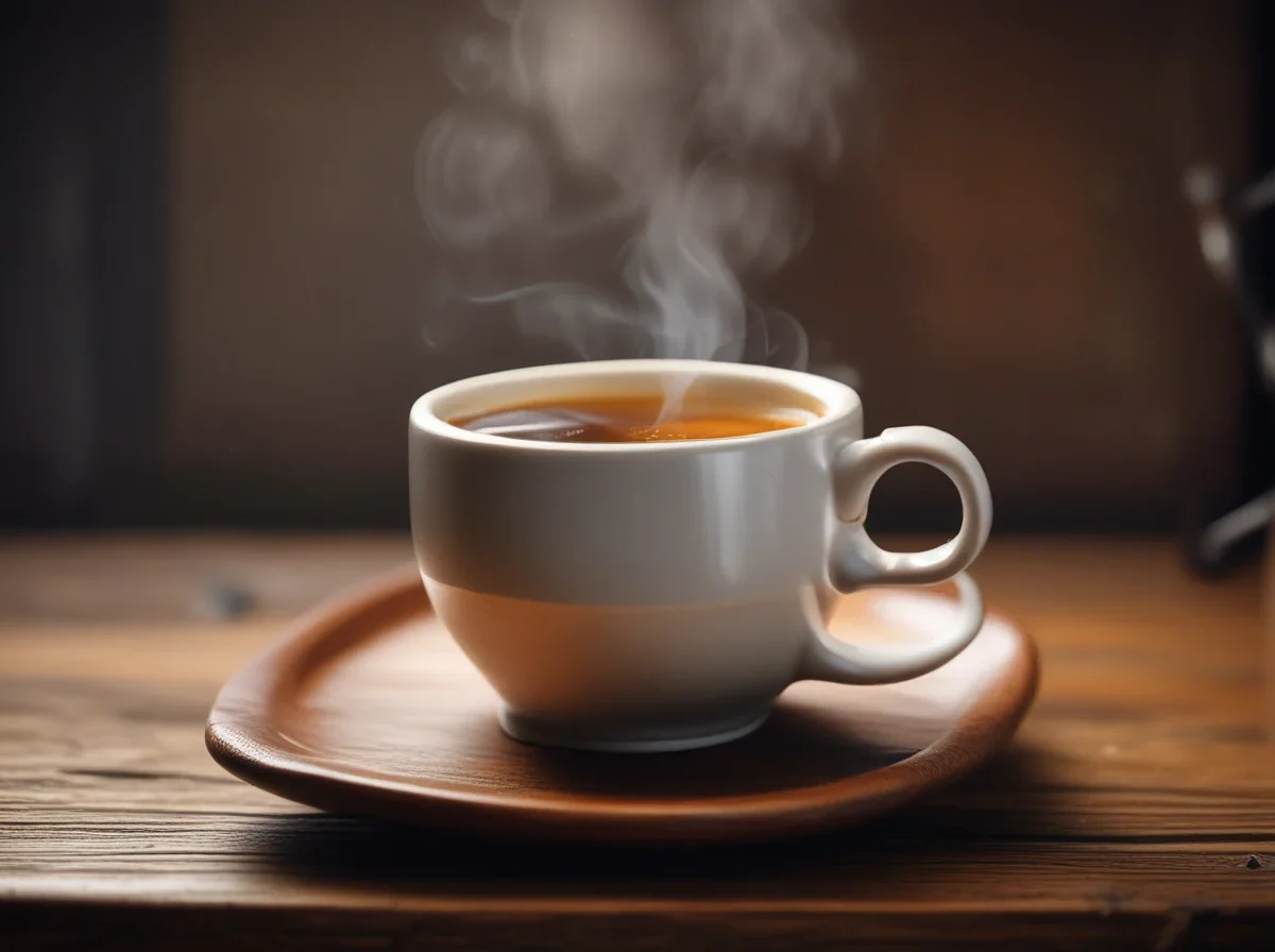 Eine Keramiktasse mit heißem Tee und sichtbarem aufsteigendem Dampf