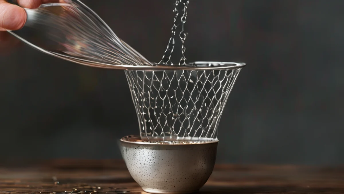Fine mesh strainer used to filter tea leaves during brewing process