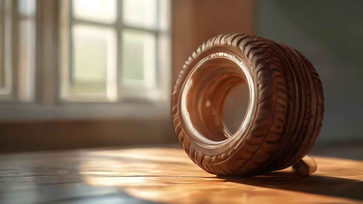 A pet tire, brown with a white stripe, on a wooden table under soft window light, shallow depth of field, photorealistic, sharp focus, high detail