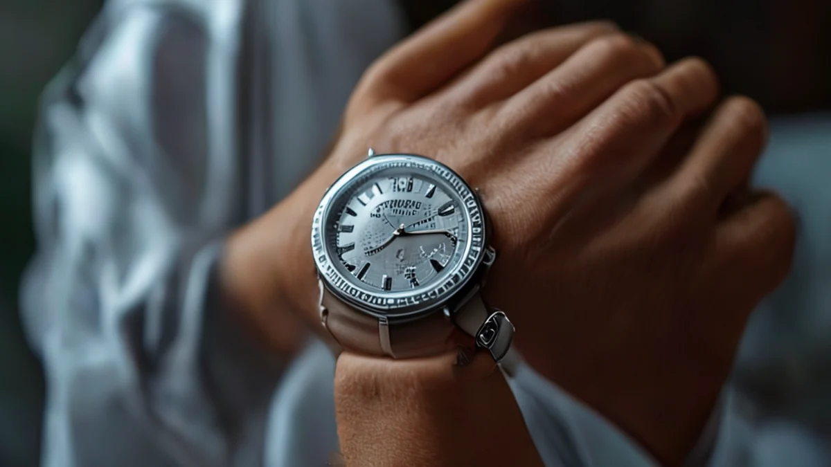 A person looking at their wristwatch, focusing on the time display.