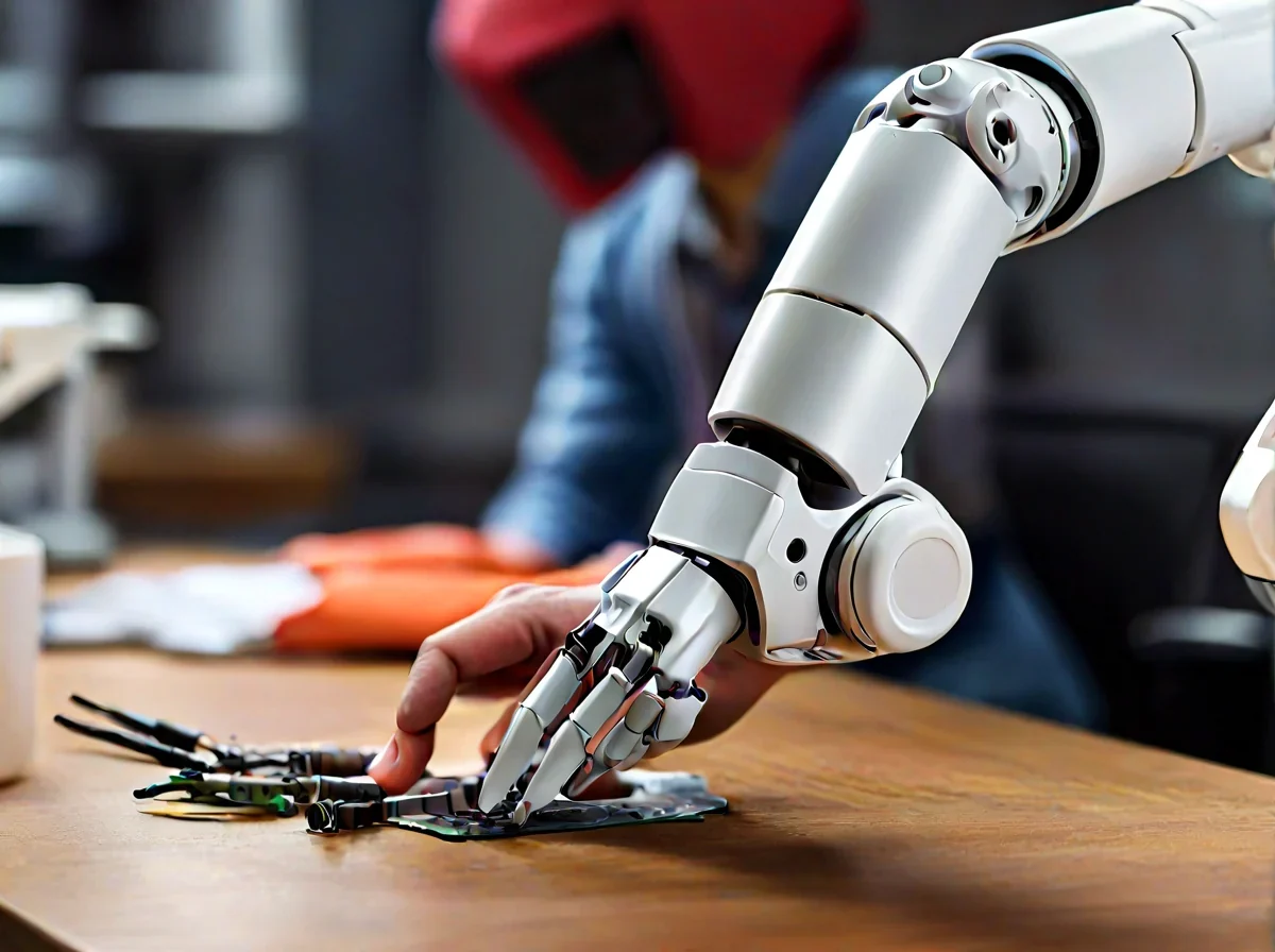 Un petit bras robot blanc sur une table à côté des mains qui effectuent un assemblage.