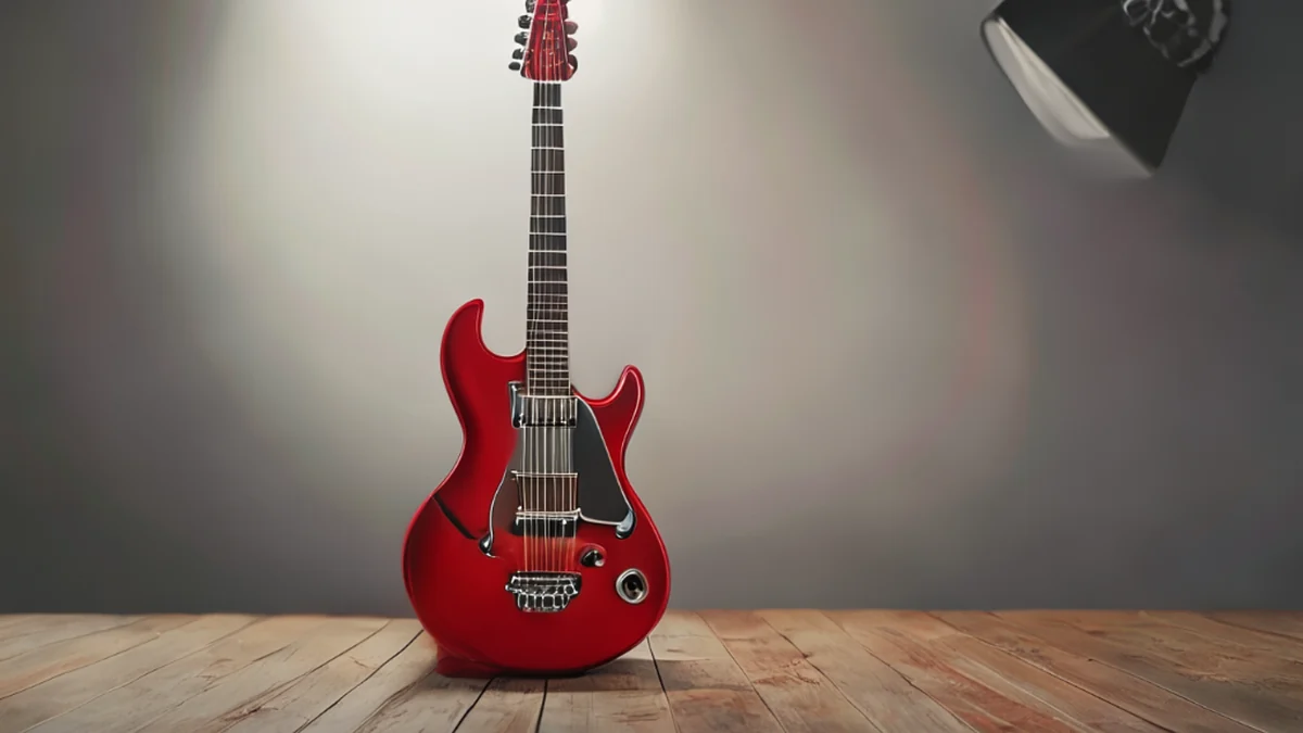 Een helder rood elektrische gitaar met een golvend lichaam, rustend op een eenvoudige houten tafel onder een rein studio-softbox-licht, zacht scherpe focus, fotorealistisch, hoog detail