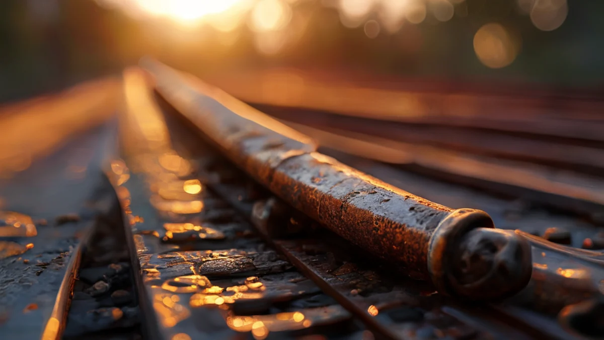 Uma pinça de trem riscada, ponta afiada, sob a luz da hora dourada, profundidade de campo suave, fotorealista, foco afiado, detalhes altos