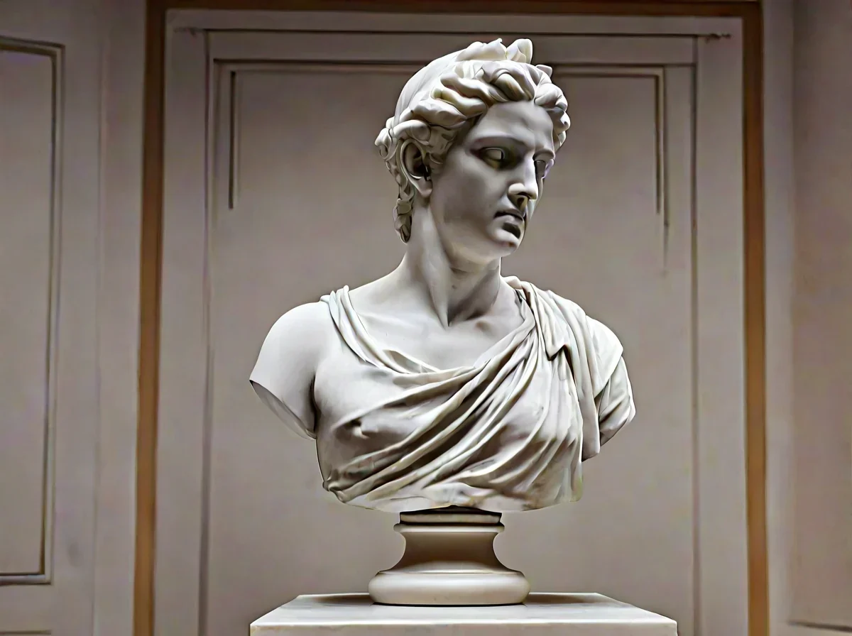 Uma escultura de mármore branco exibida em um pedestal em uma galeria